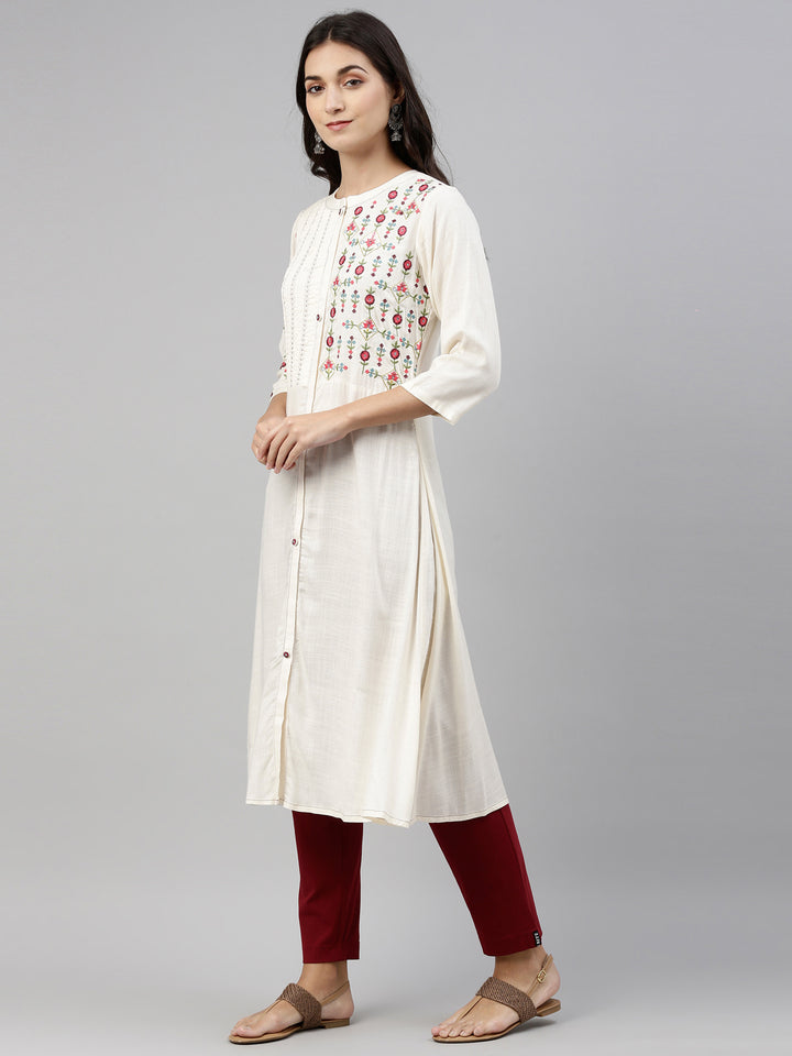 Neerus Cream Color Slub Riyon Fabric Tunic