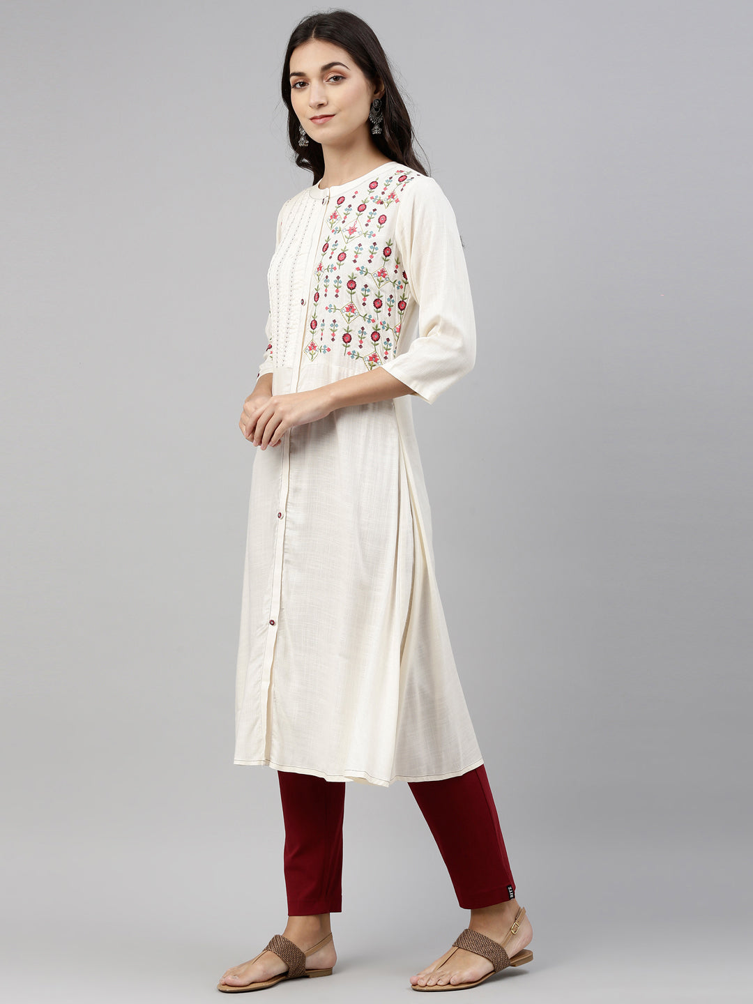 Neeru'S Cream Color, Slub Riyon Fabric Tunic