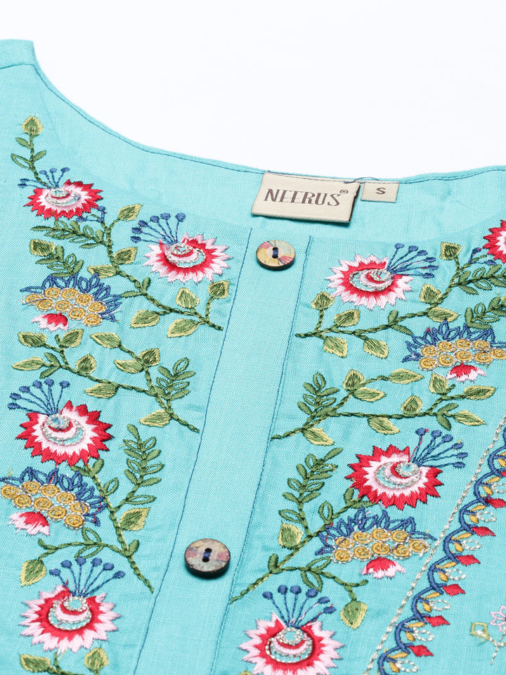 Neerus Sea Green Color Slub Rayon Fabric Tunic