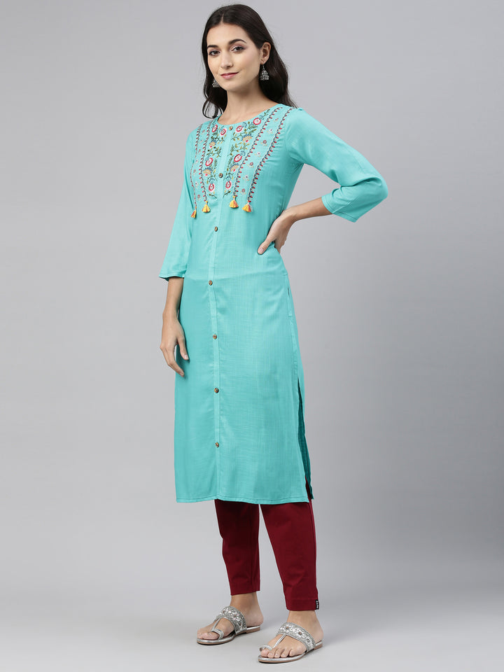 Neerus Sea Green Color Slub Rayon Fabric Tunic