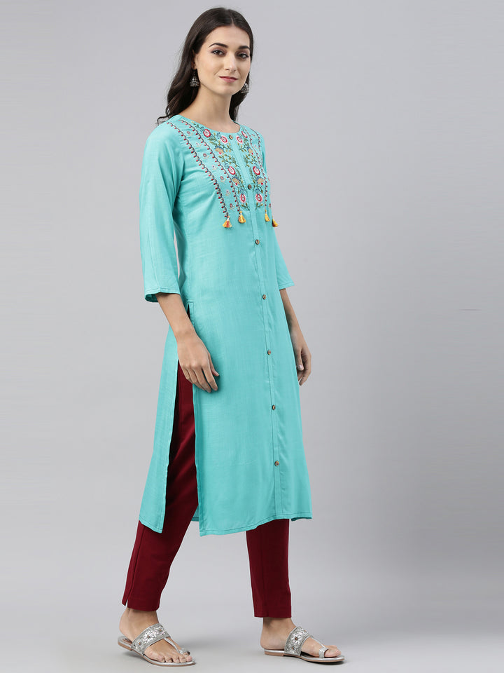 Neerus Sea Green Color Slub Rayon Fabric Tunic