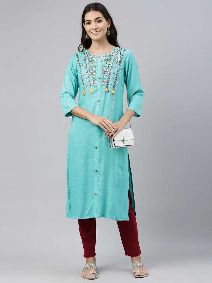 Neerus Sea Green Color Slub Rayon Fabric Tunic