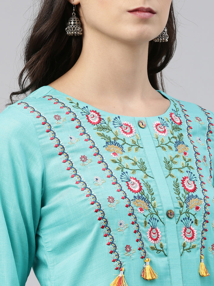 Neerus Sea Green Color Slub Rayon Fabric Tunic