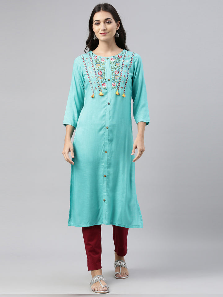 Neerus Sea Green Color Slub Rayon Fabric Tunic
