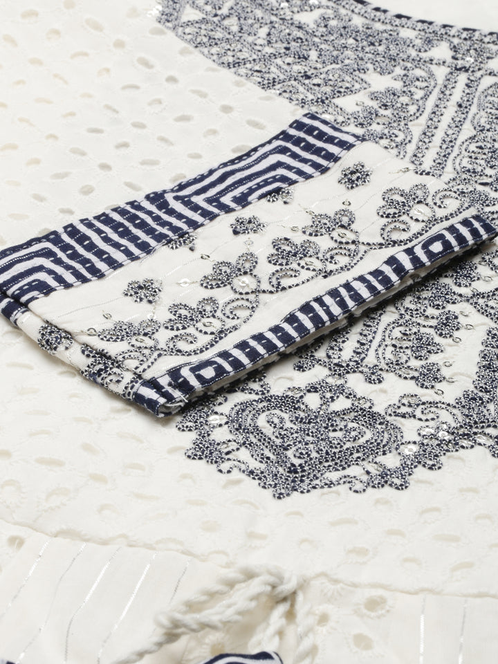 Neerus White Regular Knee Length Printed Kurta Printed Trousers With Dupatta