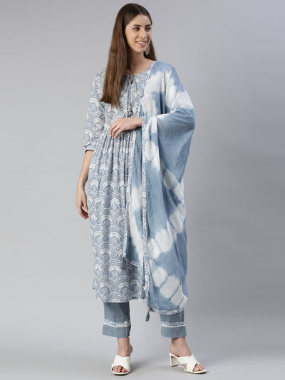 Neerus Women  Indigo Solid Calf Length Kurta And Trousers With Dupatta