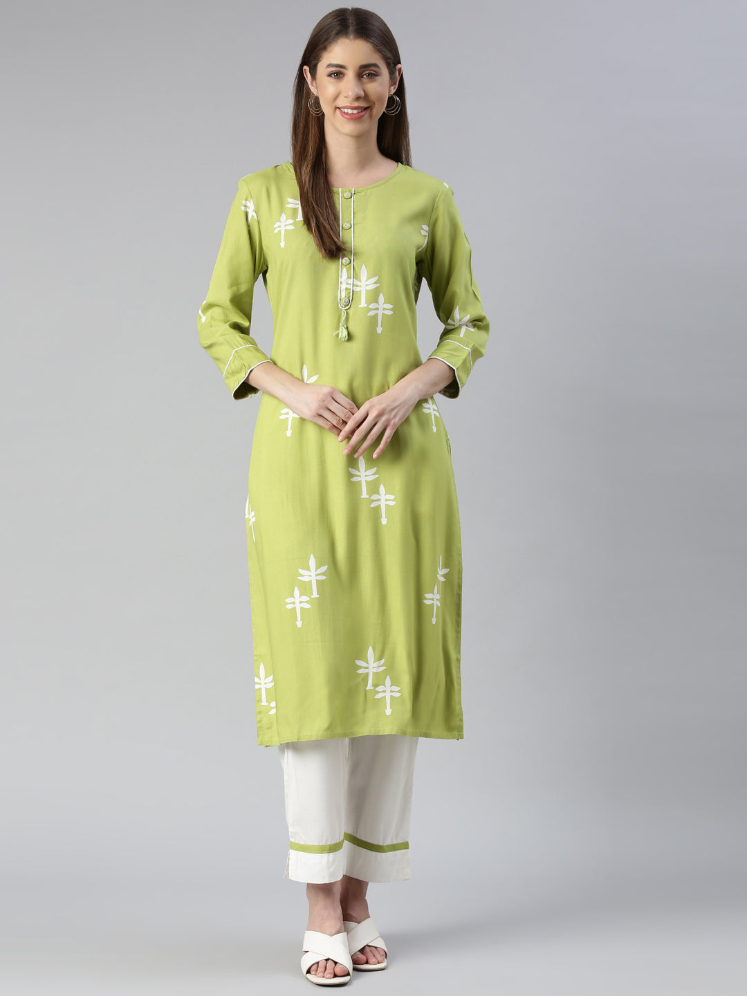 Neerus Women Green Printed Calf Length Kurta And Trousers