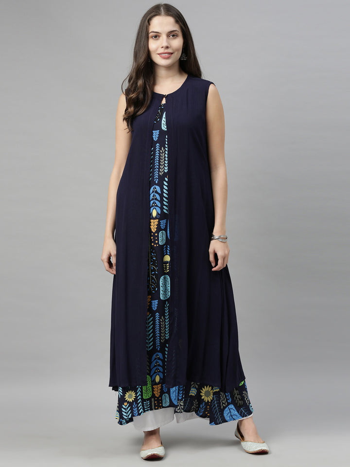 Neerus Blue chiffon solid kurti over coat - front view
