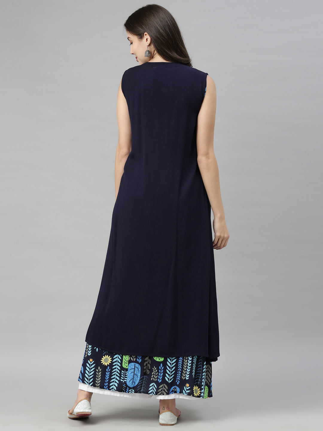 Neerus Blue chiffon solid kurti over coat - detail view 4