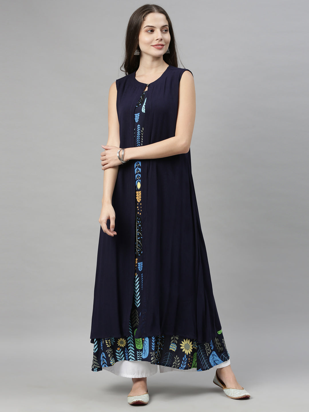 Neerus Blue chiffon solid kurti over coat - detail view 5