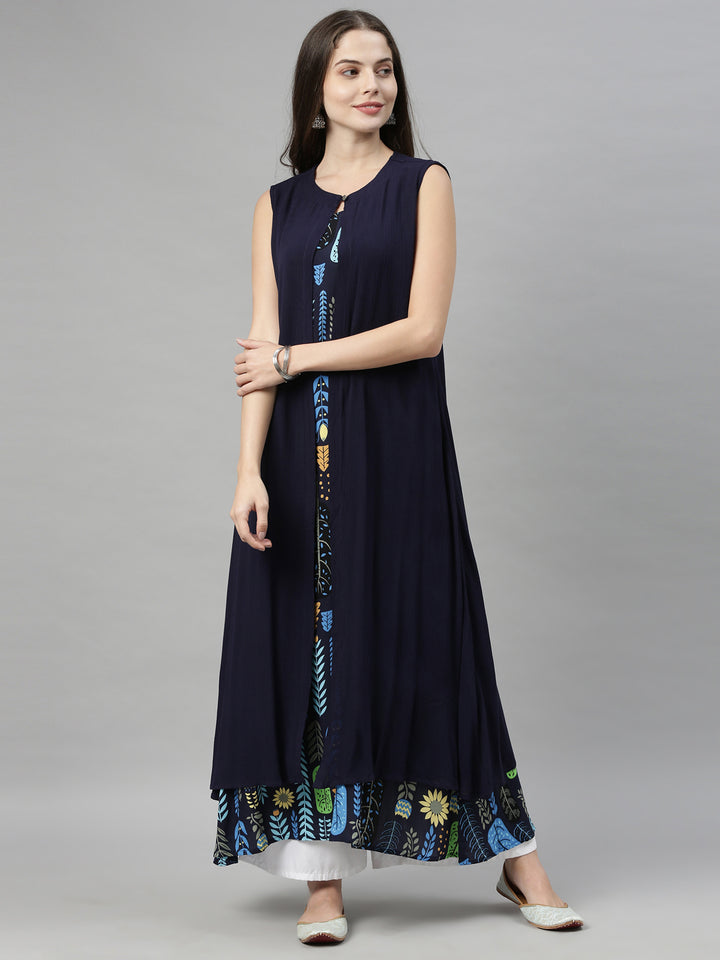 Neerus Blue chiffon solid kurti over coat - detail view 5