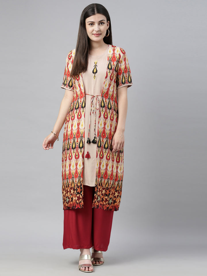 Neerus Beige Printed Straight Kurta With Jacket