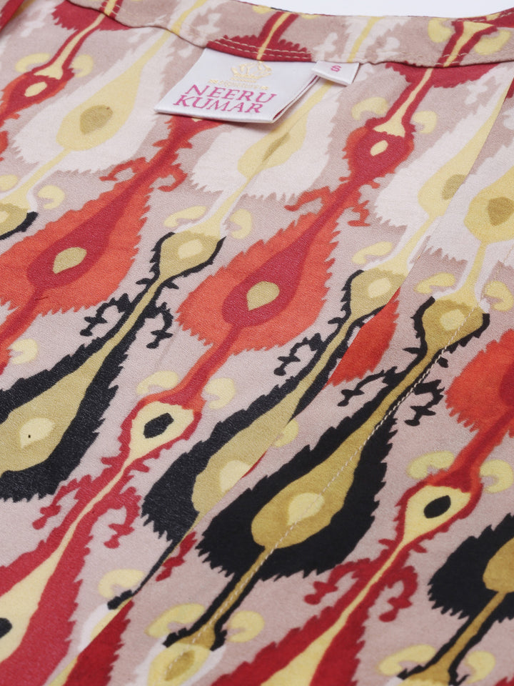 Neerus Beige Printed Straight Kurta With Jacket