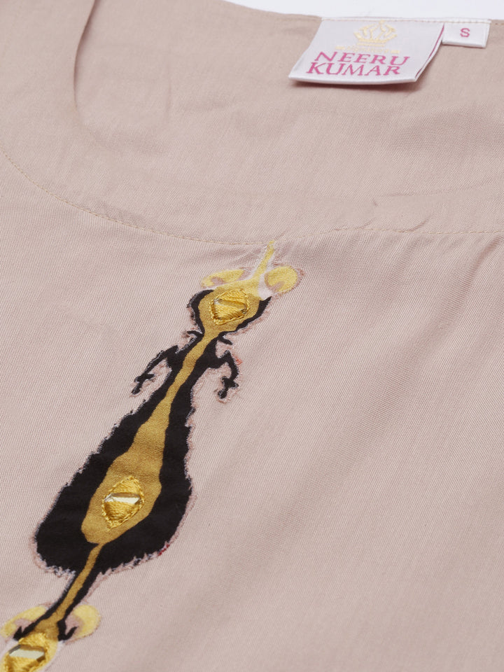 Neerus Beige Printed Straight Kurta With Jacket