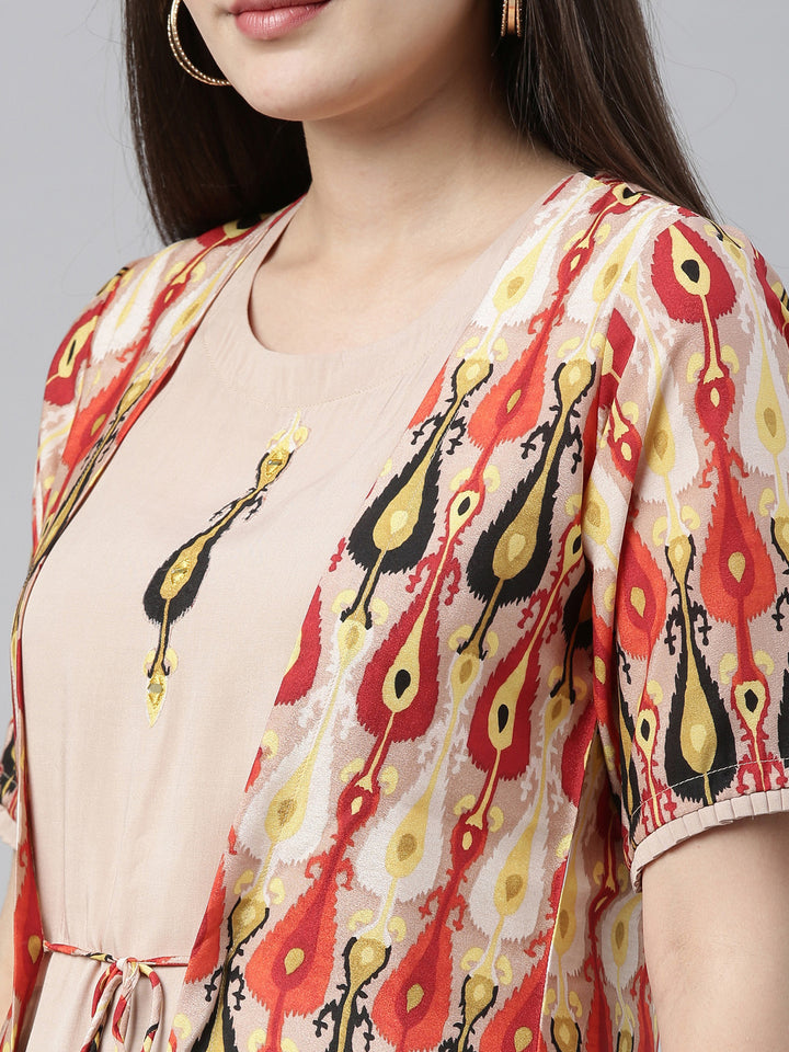 Neerus Beige Printed Straight Kurta With Jacket