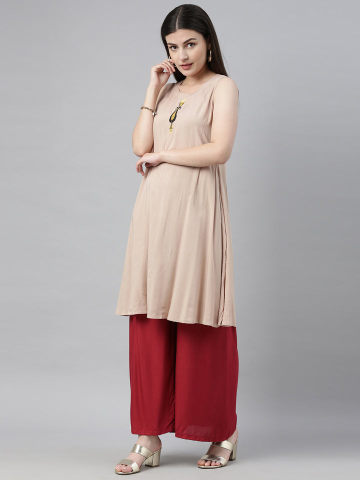 Neerus Beige Printed Straight Kurta With Jacket