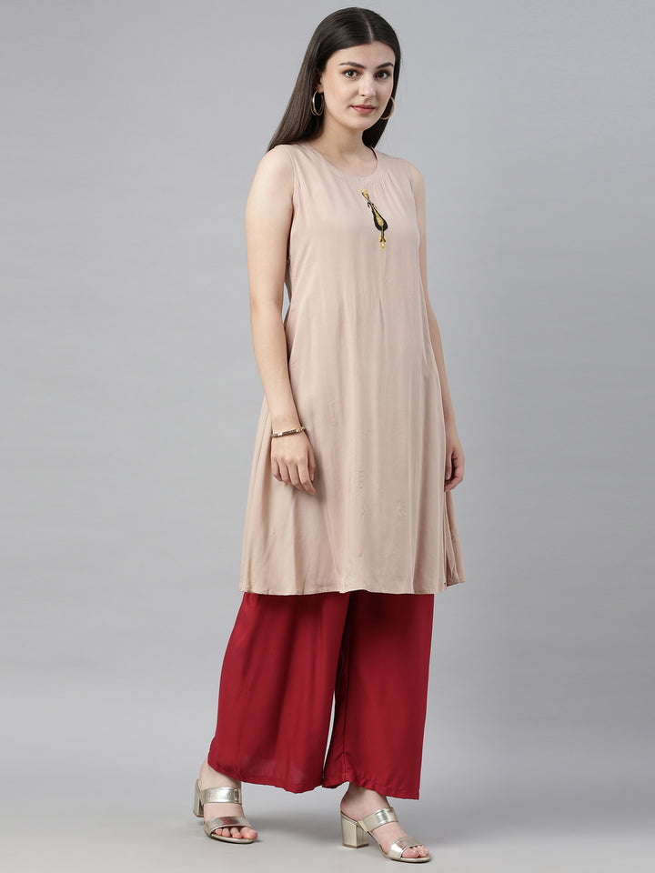 Neerus Beige Printed Straight Kurta With Jacket