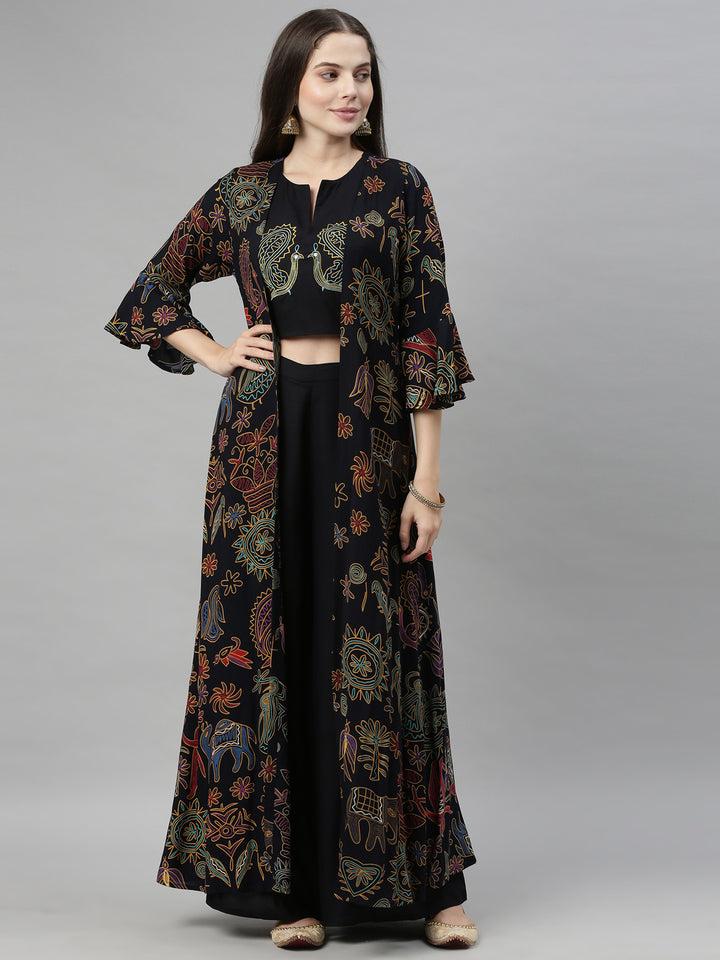 Neerus Black Color Rayon Fabric Crop-Top