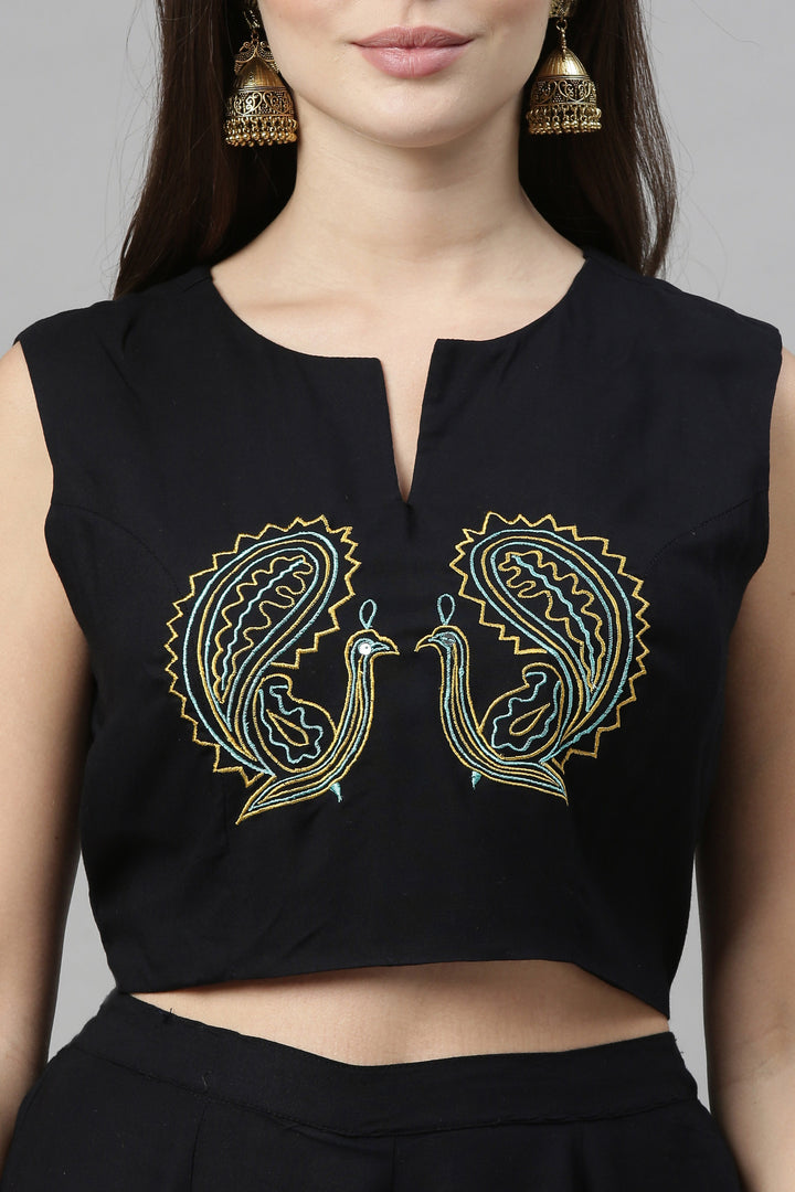 Neerus Black Color Rayon Fabric Crop-Top