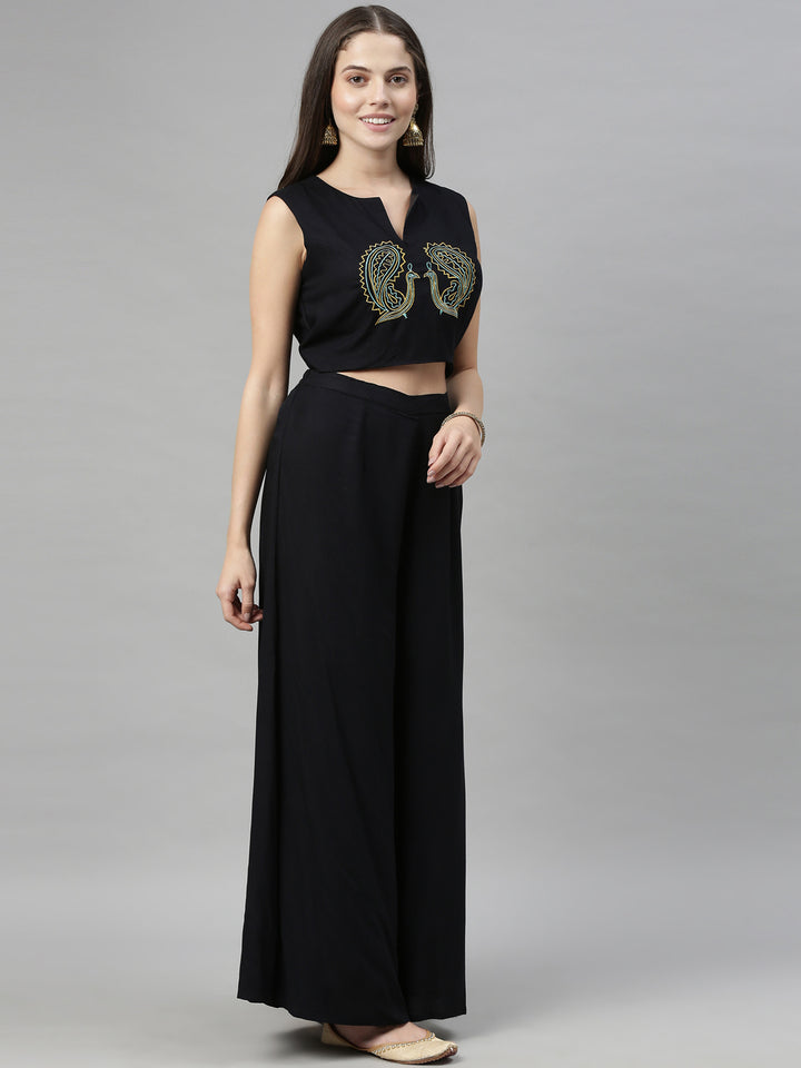 Neerus Black Color Rayon Fabric Crop-Top
