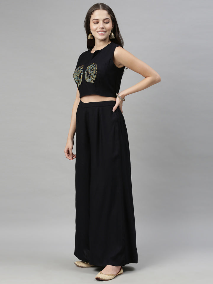 Neerus Black Color Rayon Fabric Crop-Top
