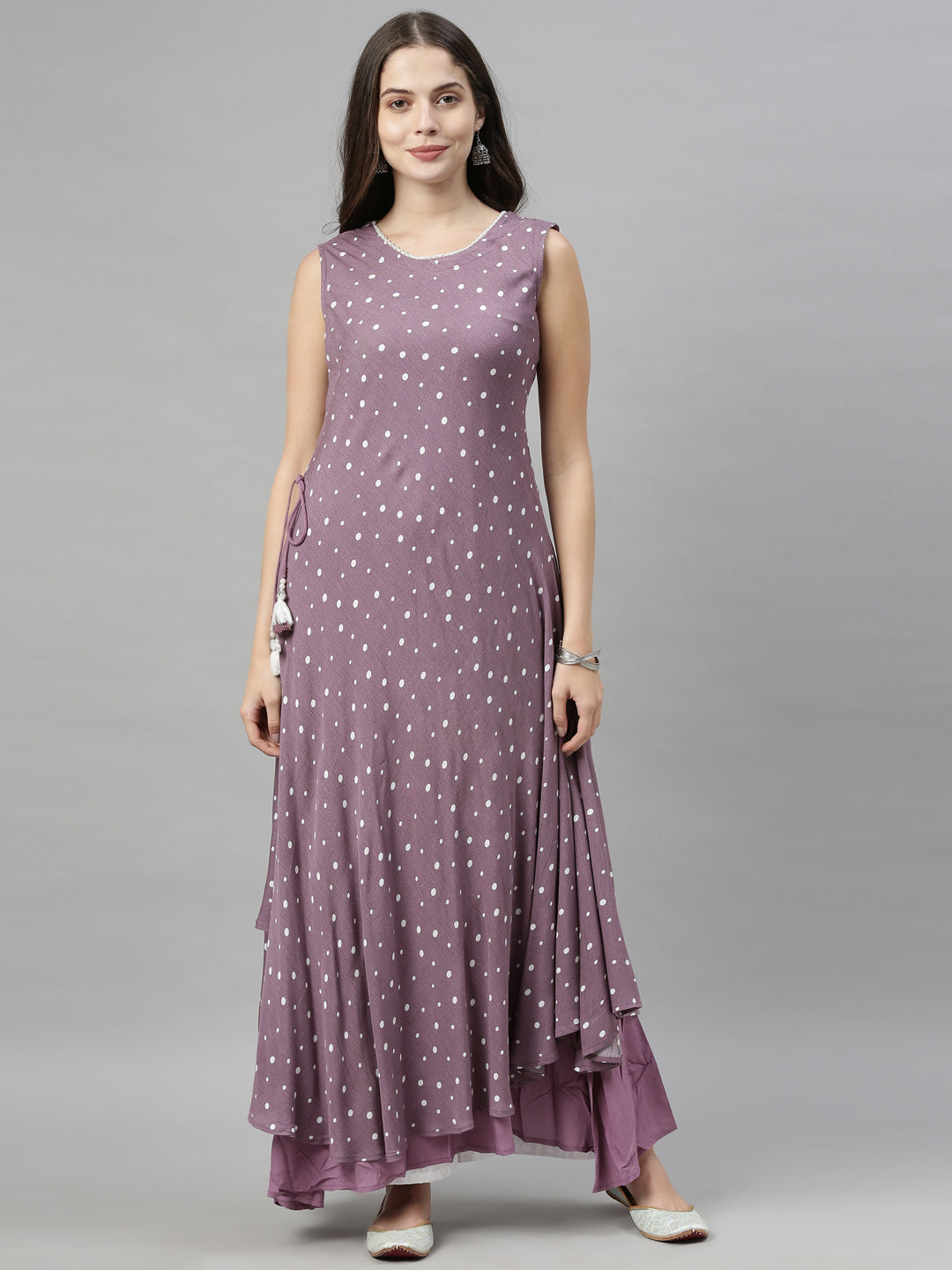 Neerus Purple chiffon solid dress - front view