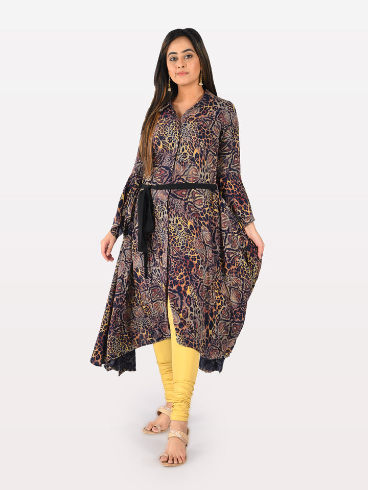Neerus Multi rayon printed high-low kurta - front view