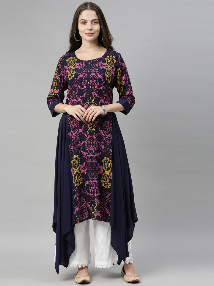 Neerus Blue Rayon Solid Kurti Tunic - front view