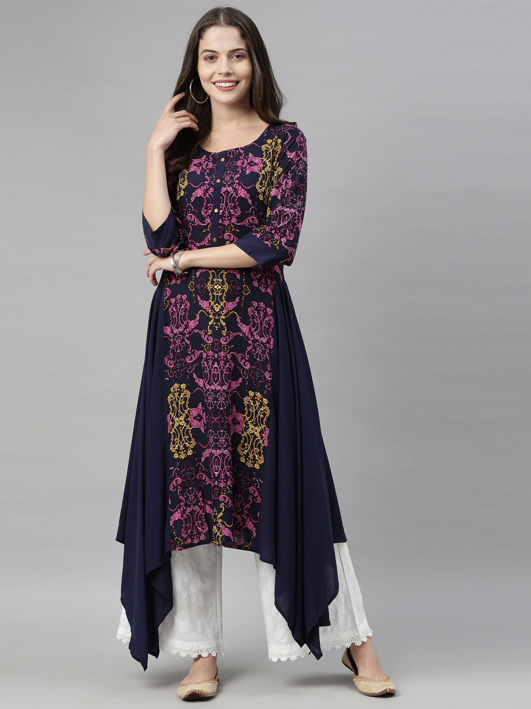 Neerus Blue Rayon Solid Kurti Tunic - detail view 5