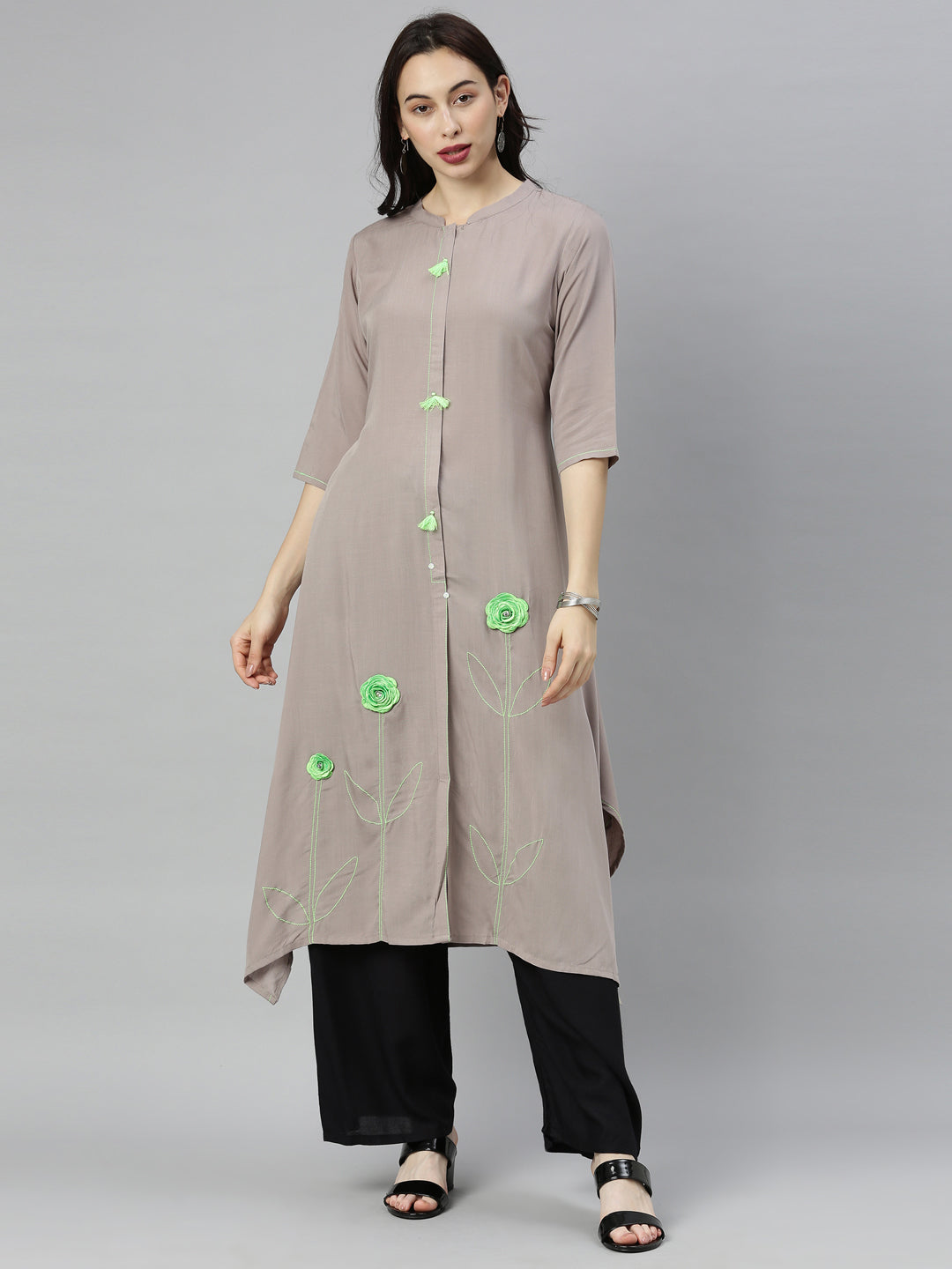 Neerus Grey viscose rayon embroidered A-line kurta - front view