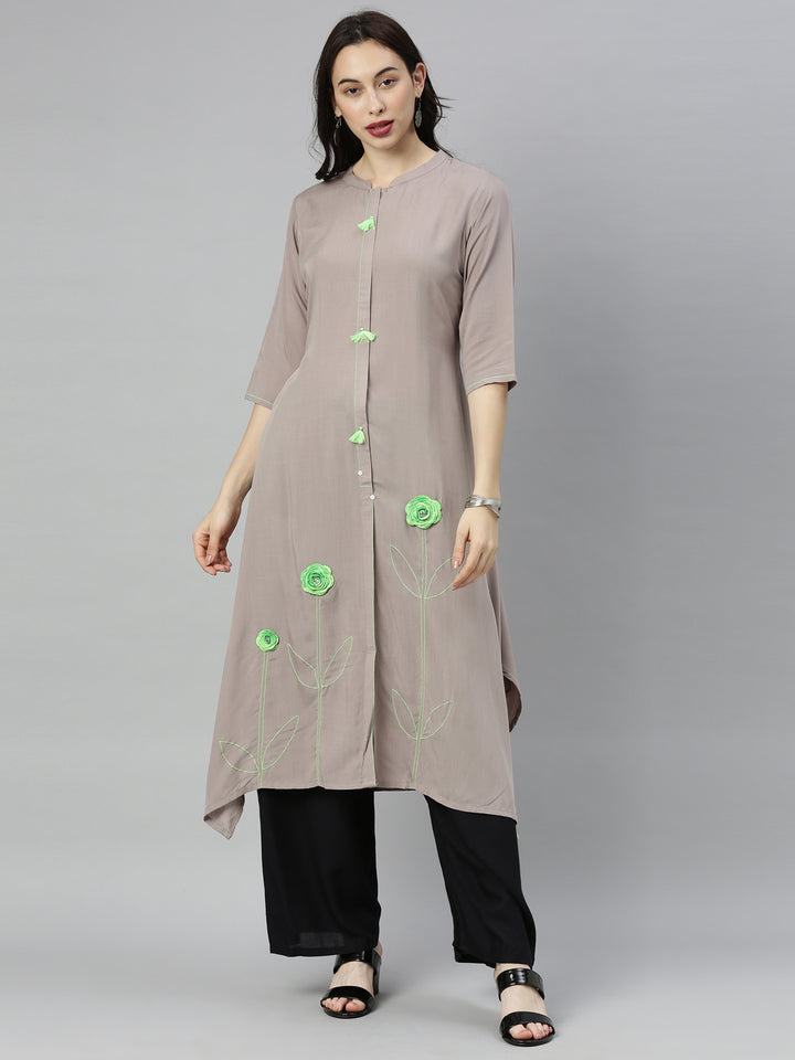 Neerus Grey viscose rayon embroidered A-line kurta - front view