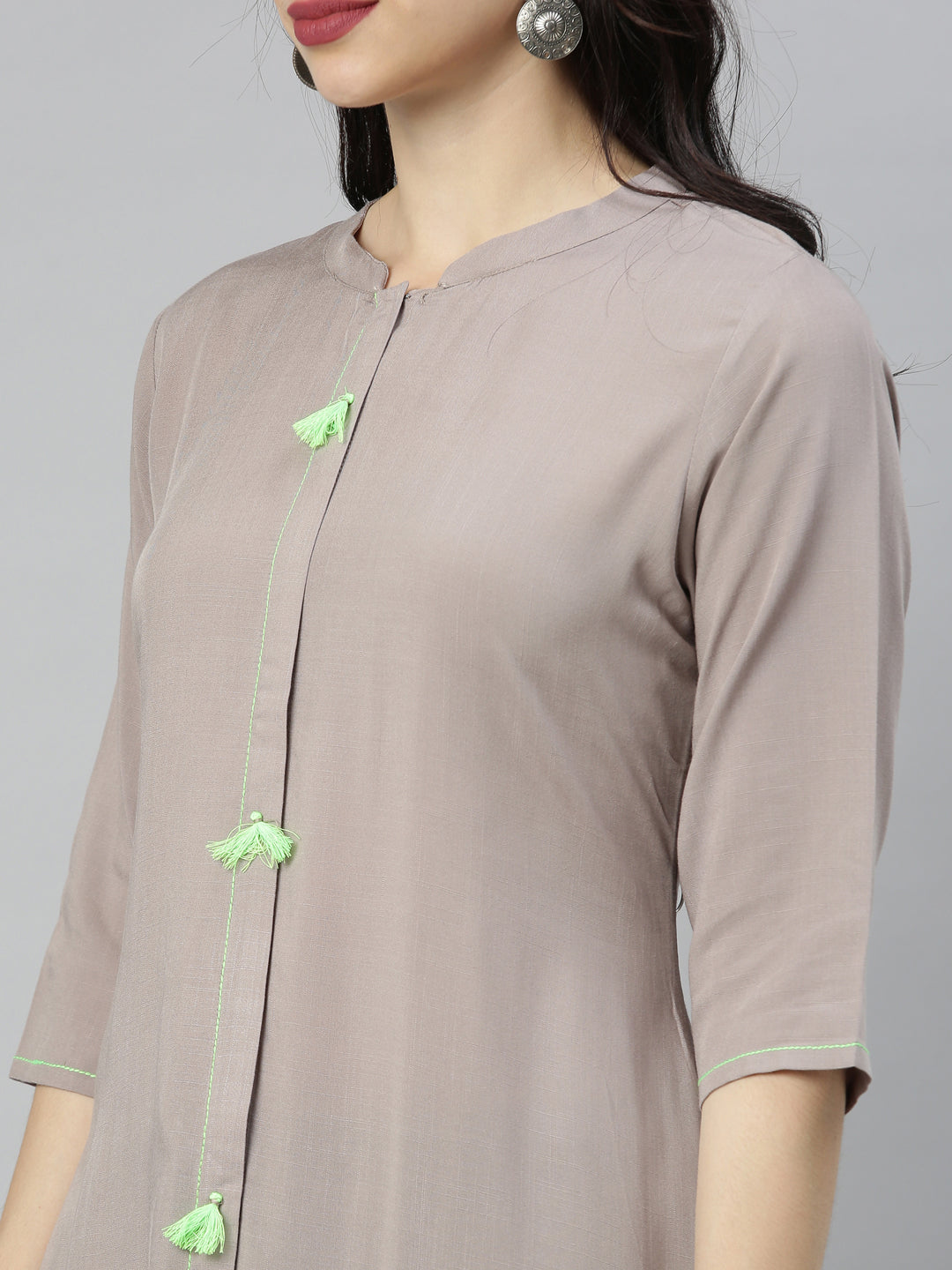 Neerus Grey viscose rayon embroidered A-line kurta - back view