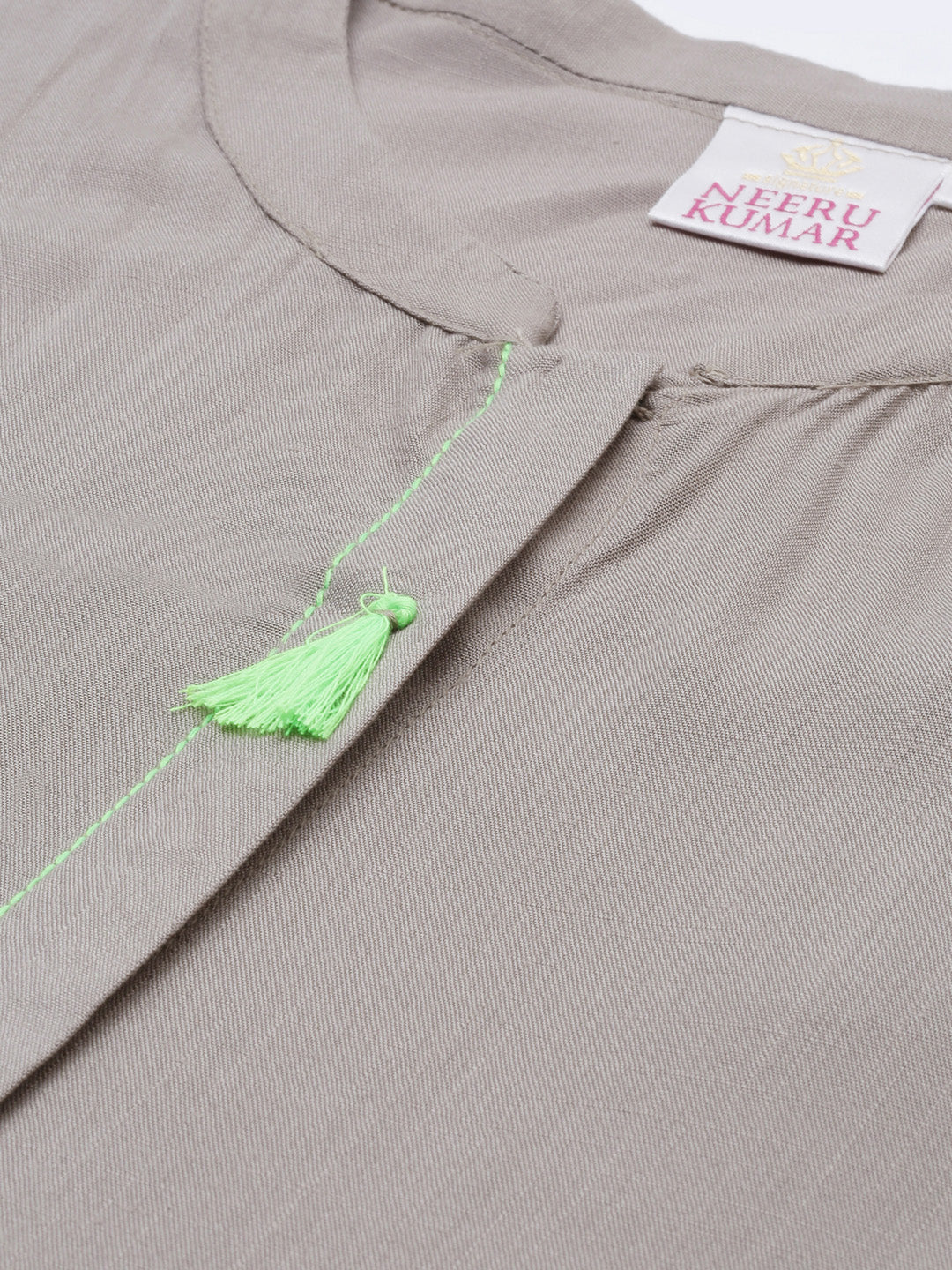 Neerus Grey viscose rayon embroidered A-line kurta - side view
