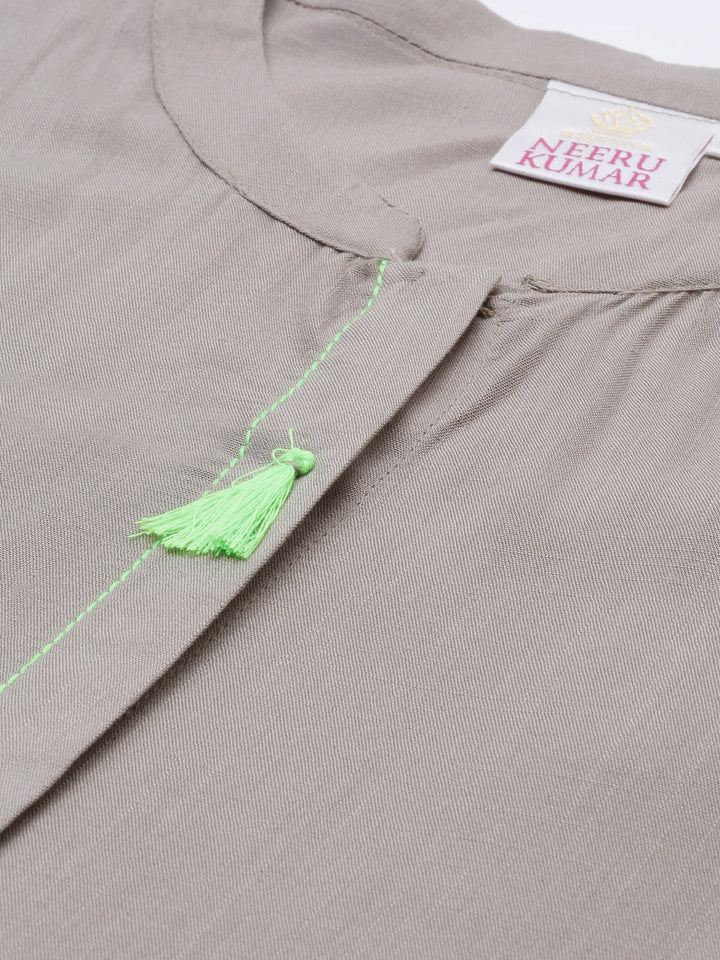 Neerus Grey viscose rayon embroidered A-line kurta - side view