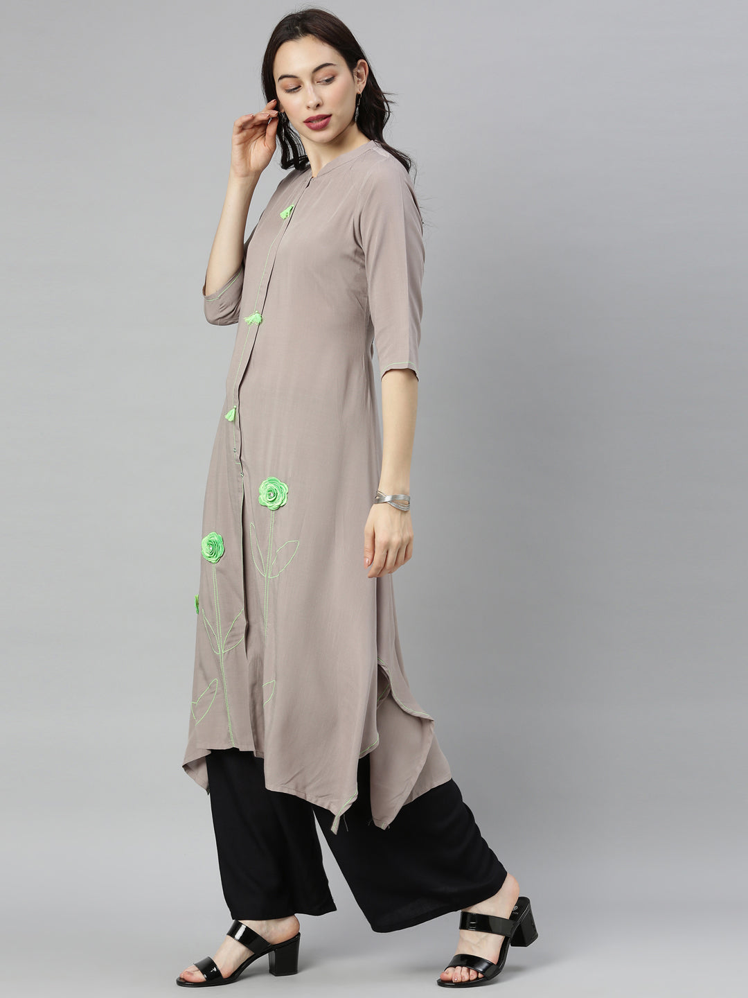 Neerus Grey viscose rayon embroidered A-line kurta - detail view 1