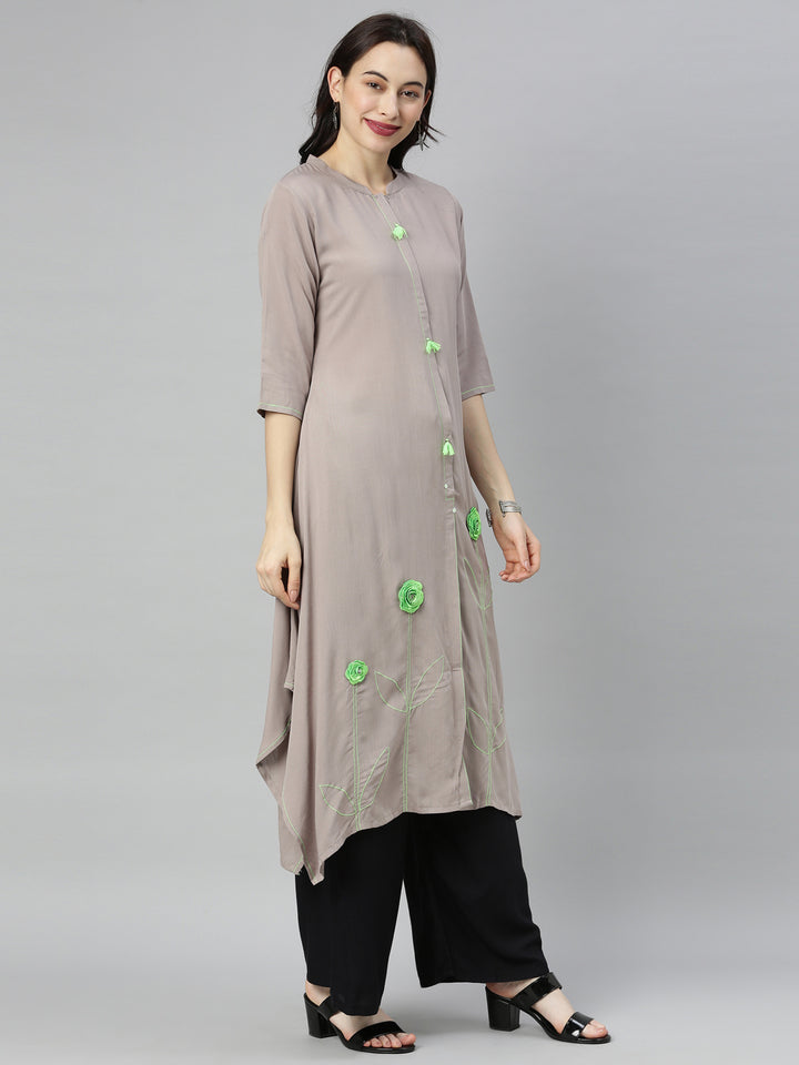 Neerus Grey viscose rayon embroidered A-line kurta - detail view 2