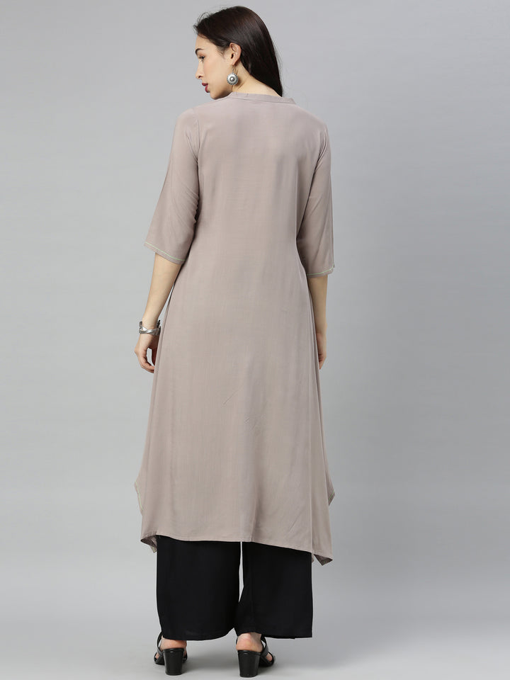 Neerus Grey viscose rayon embroidered A-line kurta - detail view 3