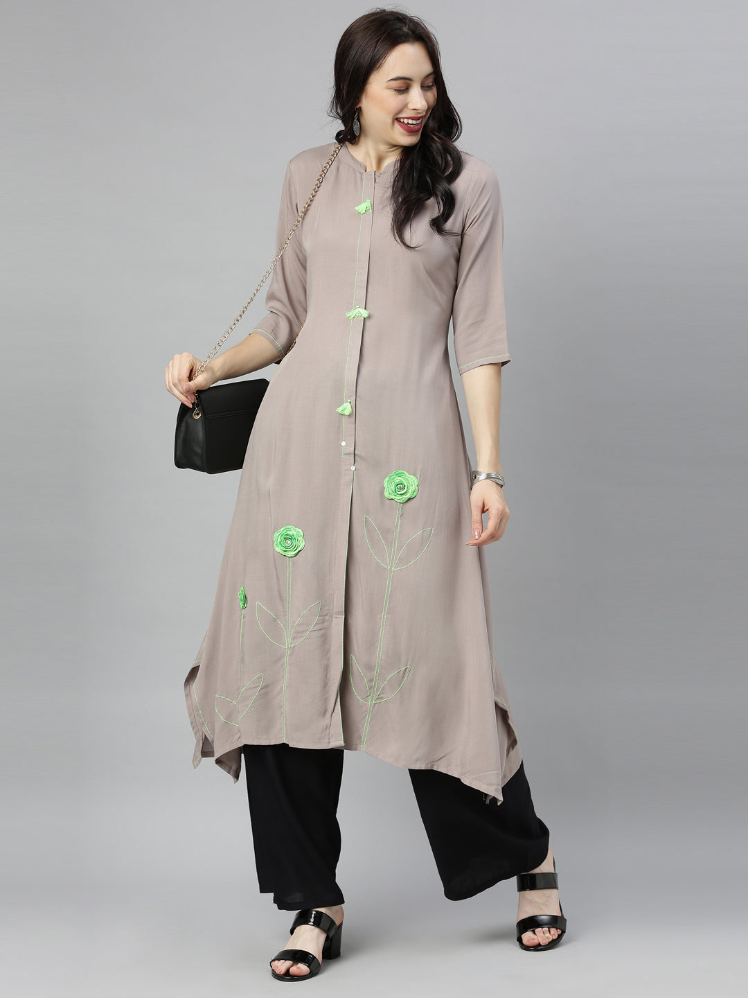 Neerus Grey viscose rayon embroidered A-line kurta - detail view 4