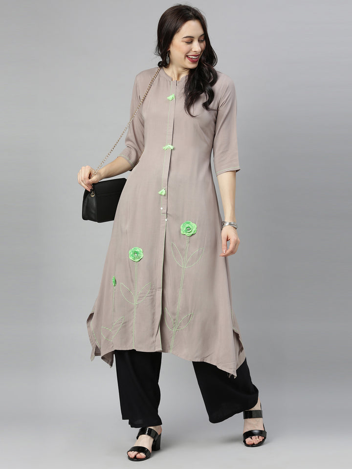 Neerus Grey viscose rayon embroidered A-line kurta - detail view 4