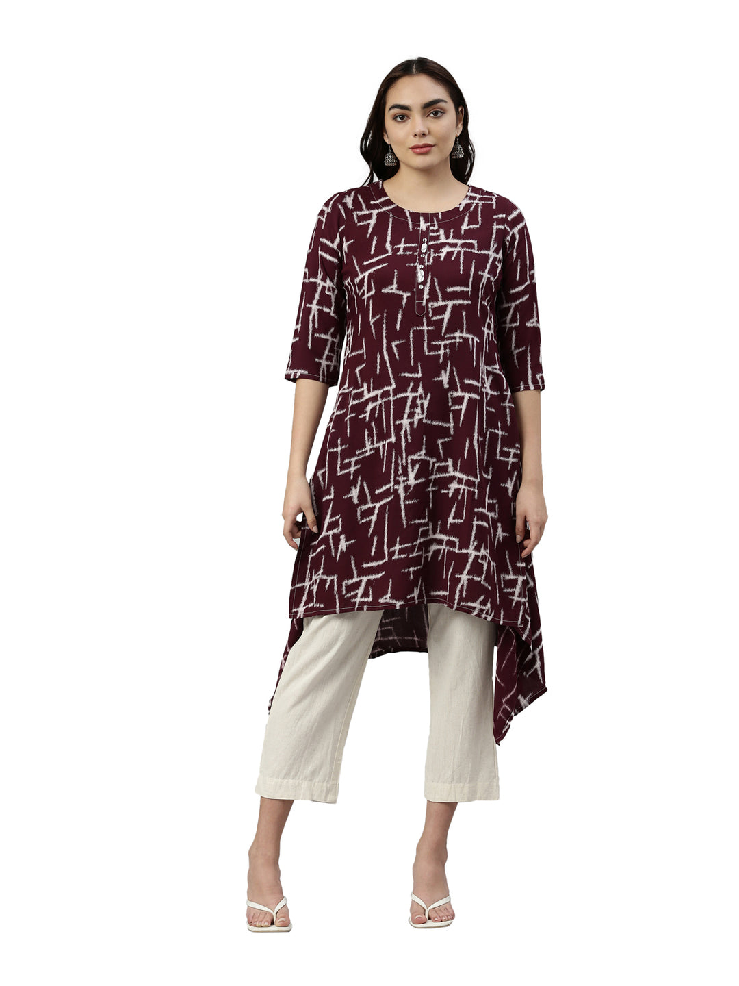 Neerus Maroon rayon printed A-Line kurta - detail view 2