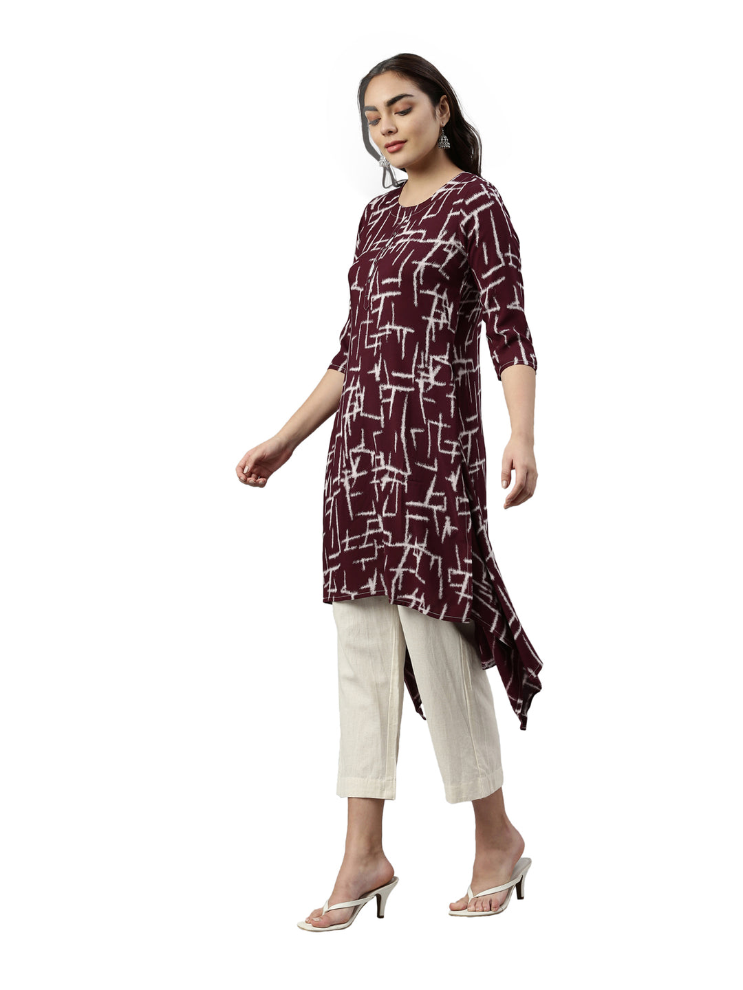 Neerus Maroon rayon printed A-Line kurta - back view