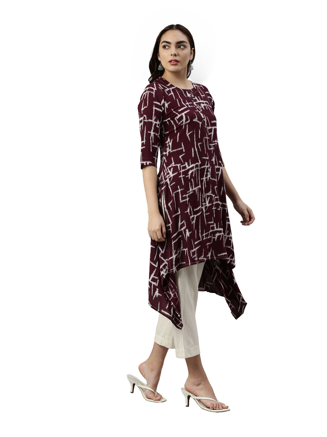 Neerus Maroon rayon printed A-Line kurta - side view