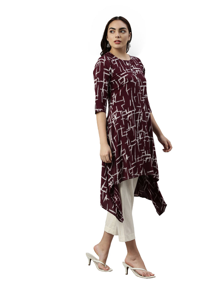 Neerus Maroon rayon printed A-Line kurta - side view