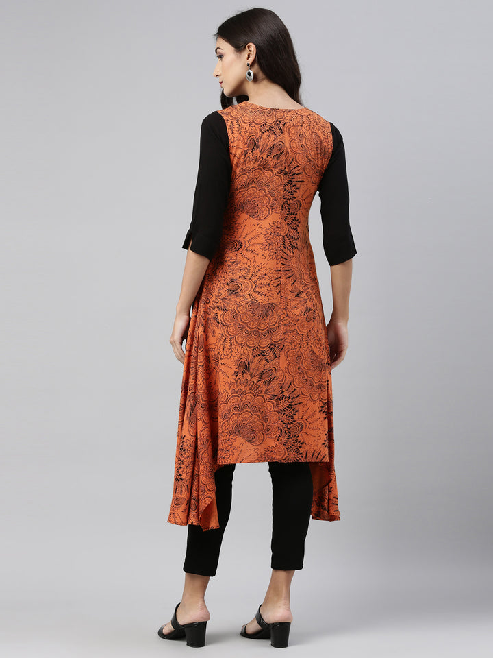 Neerus Black slub cotton straight kurti - side view
