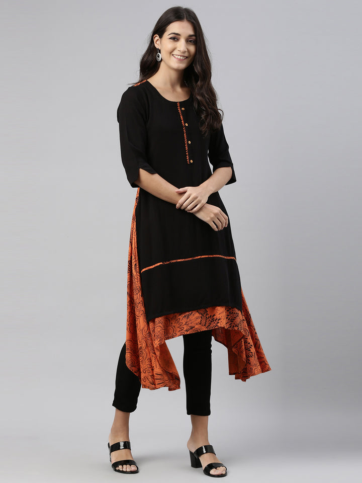 Neerus Black slub cotton straight kurti - detail view 1
