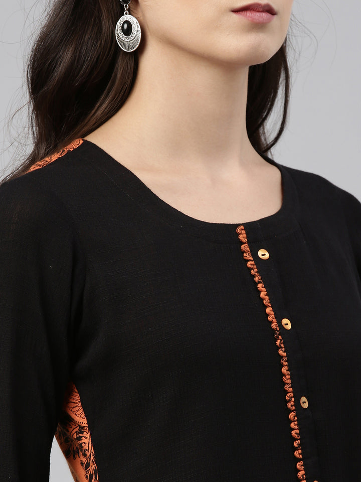 Neerus Black slub cotton straight kurti - detail view 2