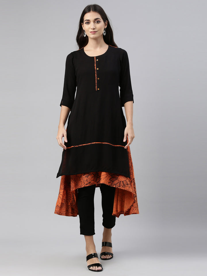 Neerus Black slub cotton straight kurti - detail view 3