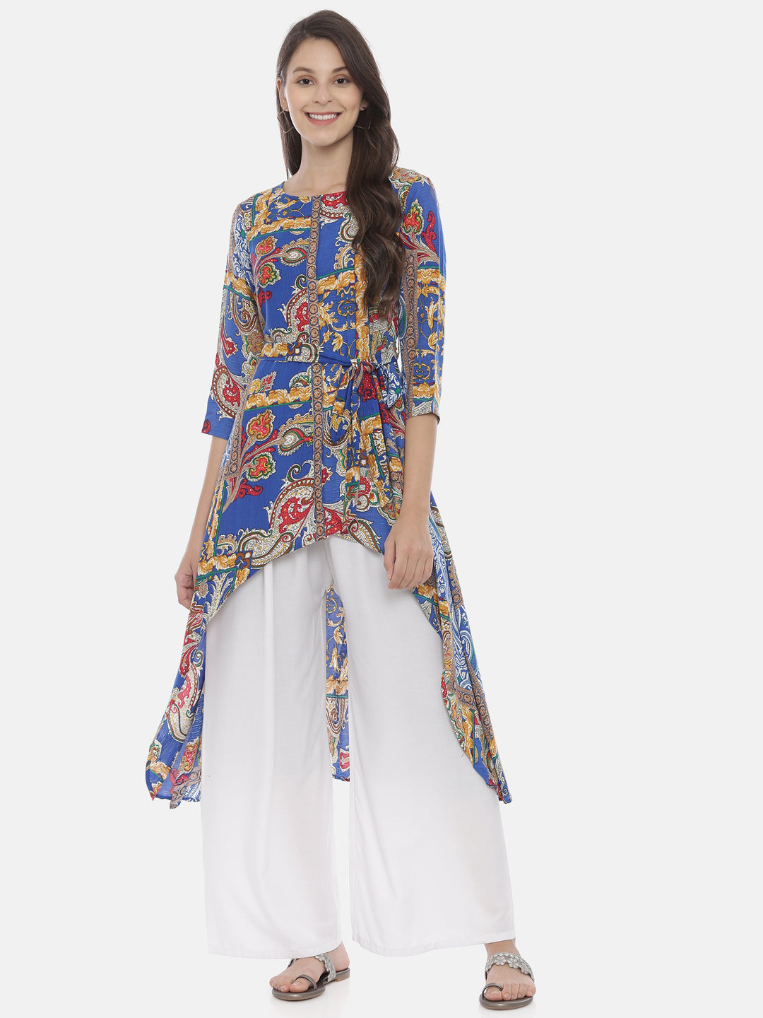 Neerus Blue Rayon Printed High-Low Kurta - front view