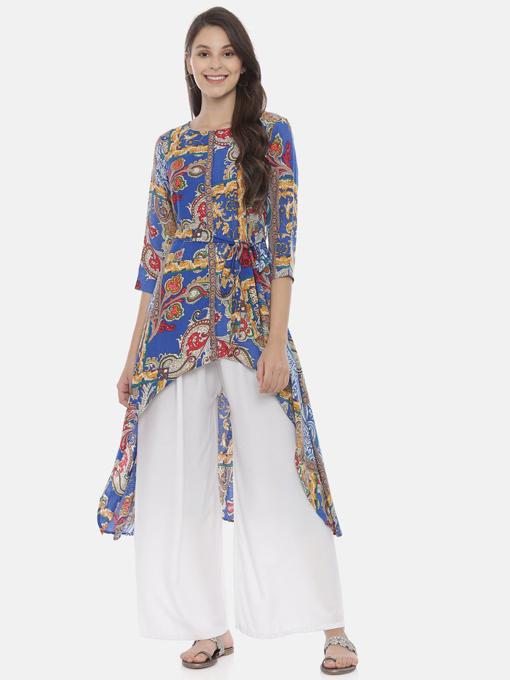 Neerus Blue Rayon Printed High-Low Kurta - front view