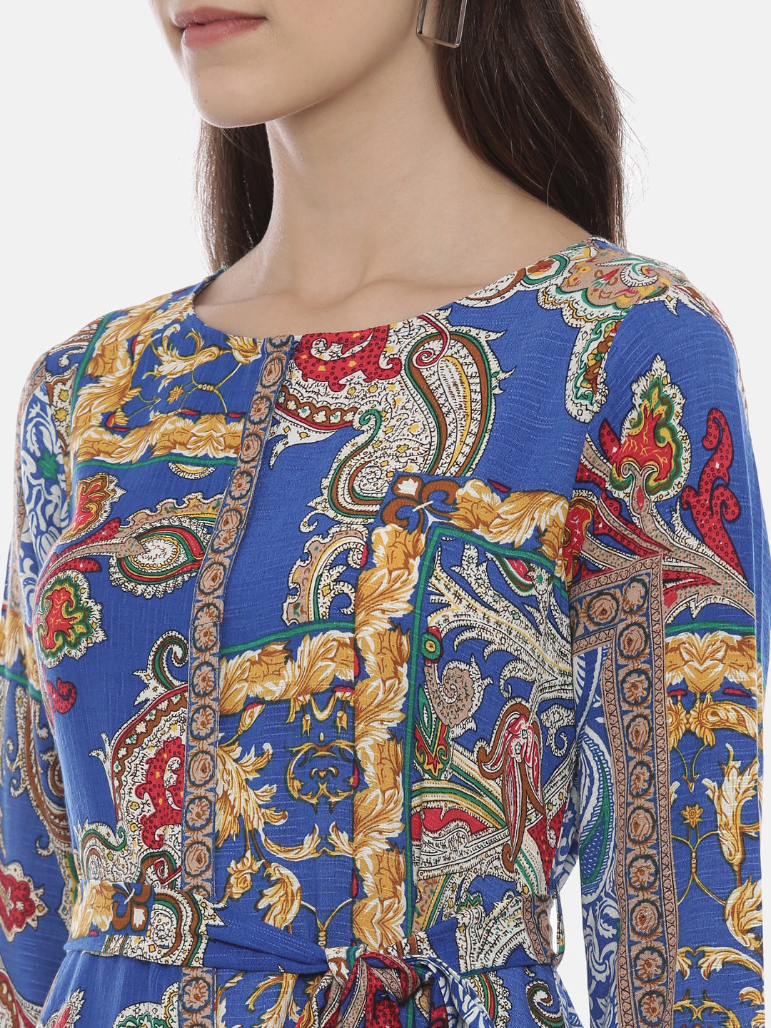 Neerus Blue Rayon Printed High-Low Kurta - back view